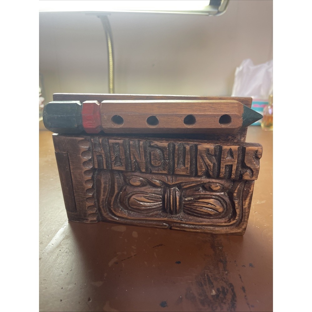 Hand Carved Wooden Pencil Pen And Paper Holder‎ from Honduras Vintage